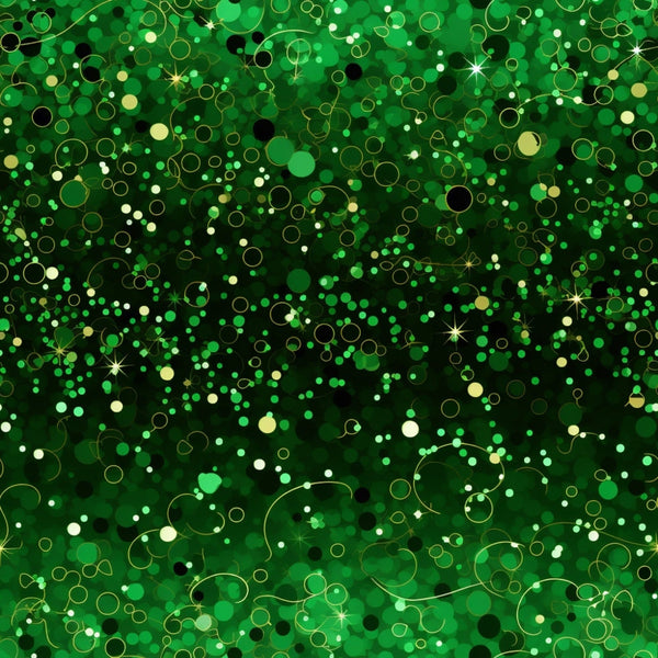 A vibrant pattern of green and gold circles with star accents on a dark background.