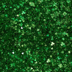 A sparkling green glitter texture with various shapes, including small clovers, heart, and circle sequins.