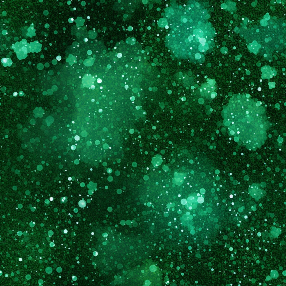 A textured background featuring varying shades of green with abstract, scattered circular patterns resembling bokeh lights.