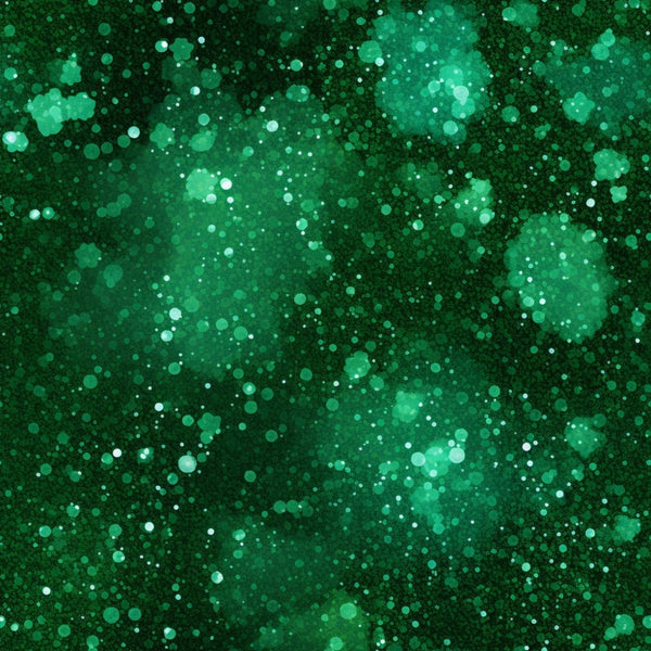 A textured background featuring varying shades of green with abstract, scattered circular patterns resembling bokeh lights.