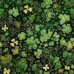 Pattern of green and gold shamrocks and swirls on a textured dark green background.