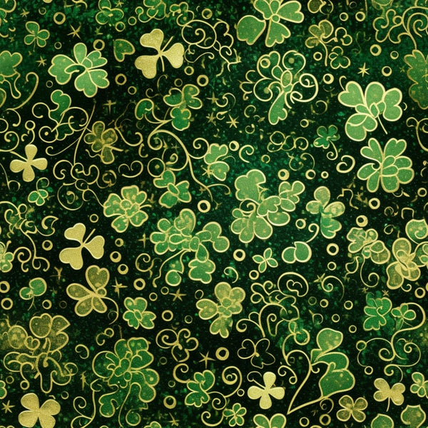 Pattern of green and gold shamrocks and swirls on a textured dark green background.