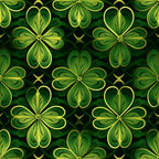 Seamless pattern of stylized green floral shapes with heart-shaped petals on a dark background.