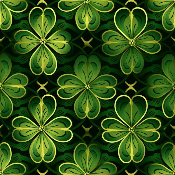 Seamless pattern of stylized green floral shapes with heart-shaped petals on a dark background.