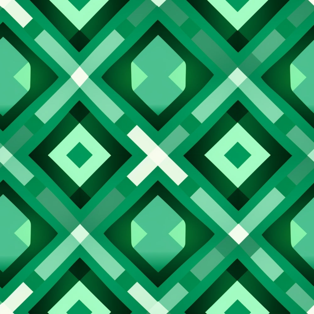 Geometric pattern with overlapping green and teal diamond shapes and white accents forming an abstract symmetrical design.
