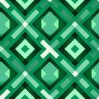 Geometric pattern with overlapping green and teal diamond shapes and white accents forming an abstract symmetrical design.