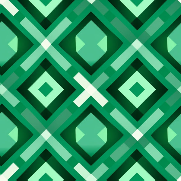 Geometric pattern with overlapping green and teal diamond shapes and white accents forming an abstract symmetrical design.