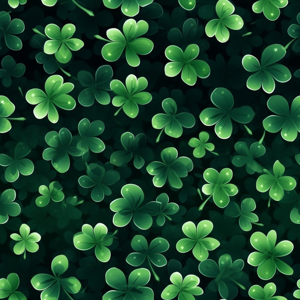 Pattern of green clovers on a dark background.