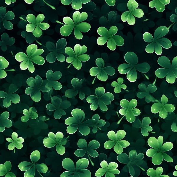 Pattern of green clovers on a dark background.