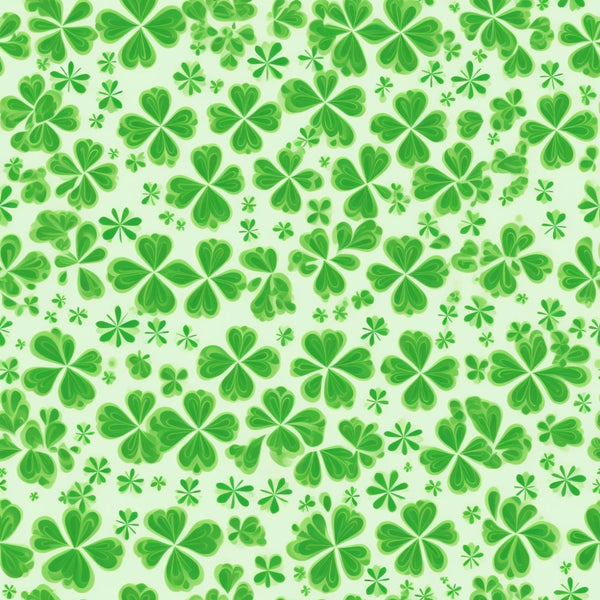 A pattern of various sized green shamrocks on a light green background.