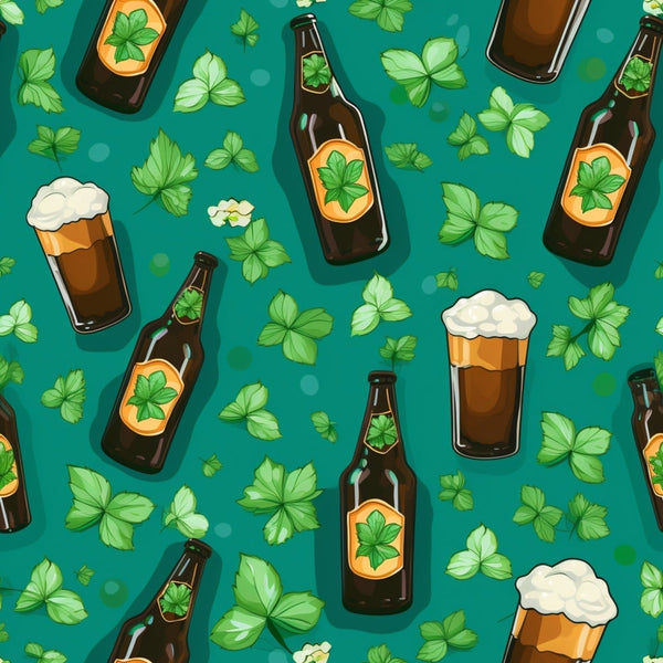 Pattern of beer bottles, beer glasses with foam, and green hops leaves on a teal background.