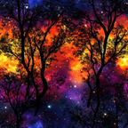 Silhouetted trees against a vibrant multicolored sky resembling a galaxy, with stars scattered throughout.