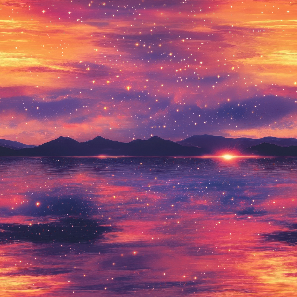 A vivid sunset over a calm lake with mountains in the background. The sky and water reflect hues of orange, pink, and purple, with stars sprinkled throughout.