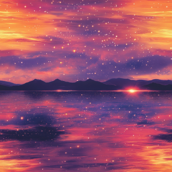 A vivid sunset over a calm lake with mountains in the background. The sky and water reflect hues of orange, pink, and purple, with stars sprinkled throughout.