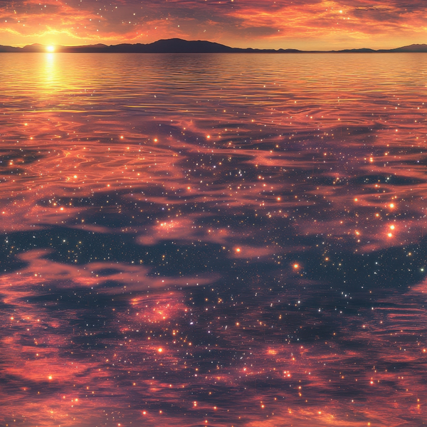 A sunset over a tranquil ocean with distant mountains. The sky and water are illuminated with warm orange and pink hues, creating a starry effect on the waters surface.