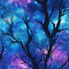 Silhouetted tree branches against a vibrant night sky with blue and purple nebulae and stars.