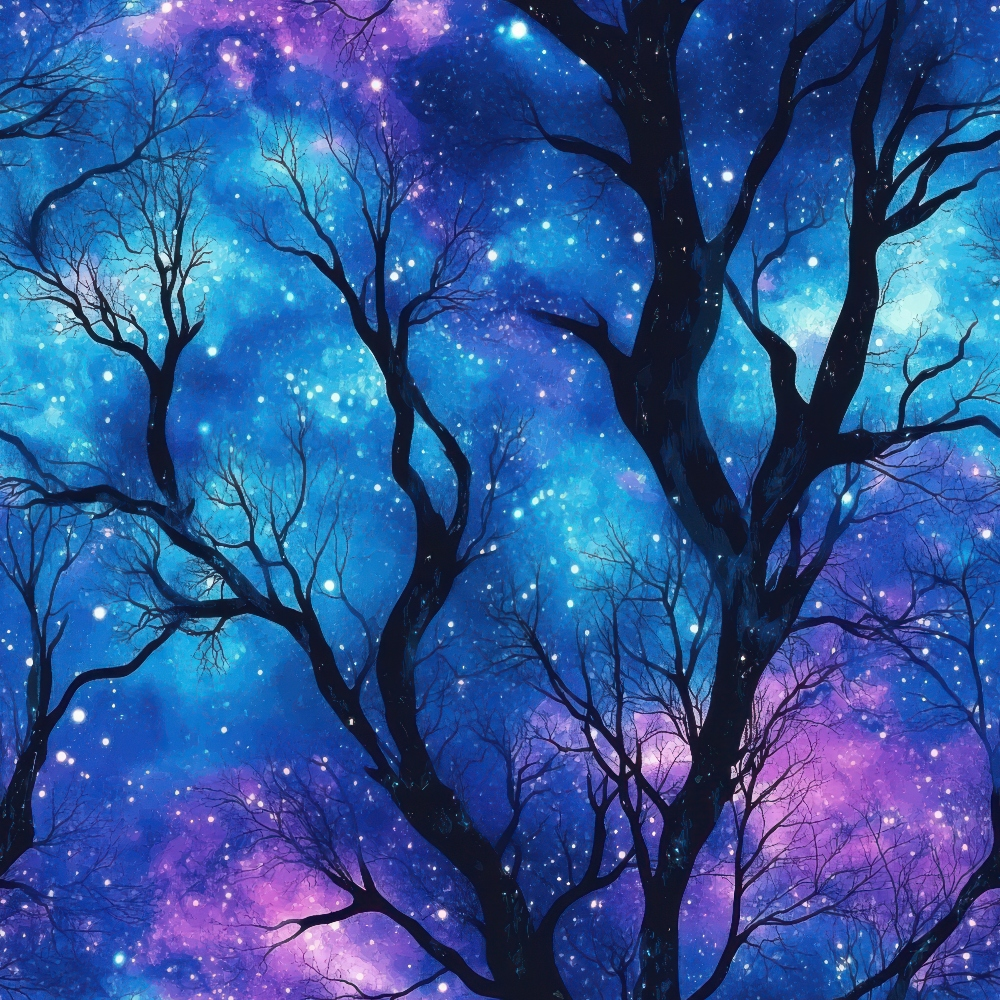 Silhouetted tree branches against a vibrant night sky with blue and purple nebulae and stars.