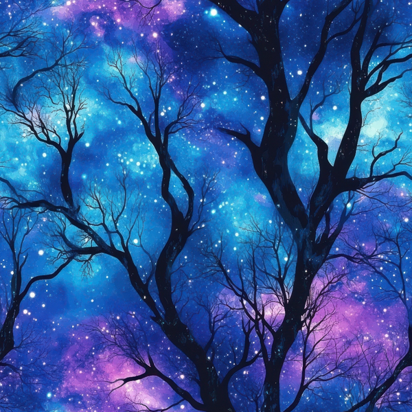Silhouetted tree branches against a vibrant night sky with blue and purple nebulae and stars.