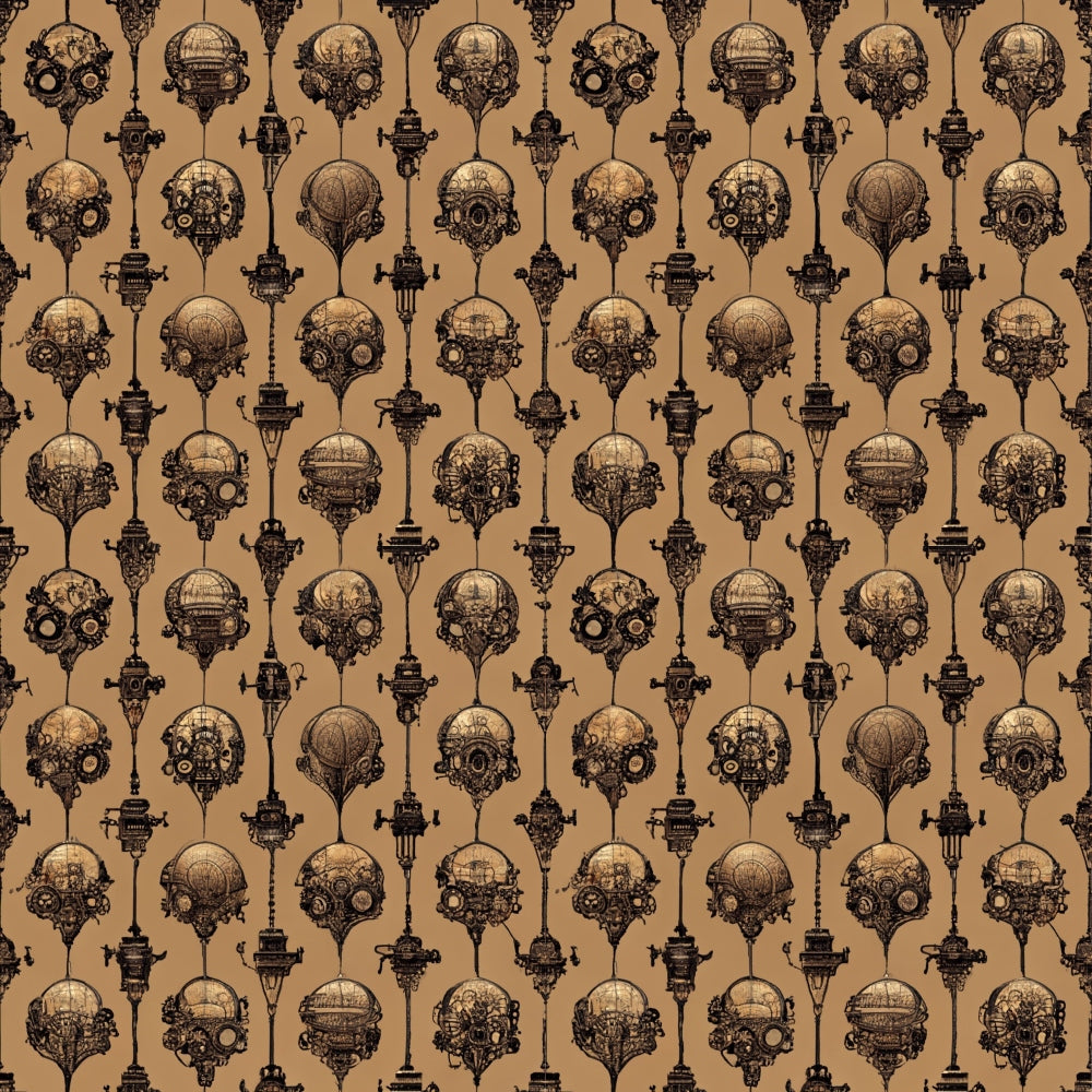 Repeating pattern of steampunk hot air balloons and gears on a brown background.