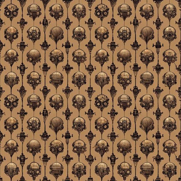Repeating pattern of steampunk hot air balloons and gears on a brown background.