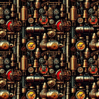 Steampunk machinery pattern featuring gears, cogs, pipes, and vintage dials in a metallic color scheme with red accents.