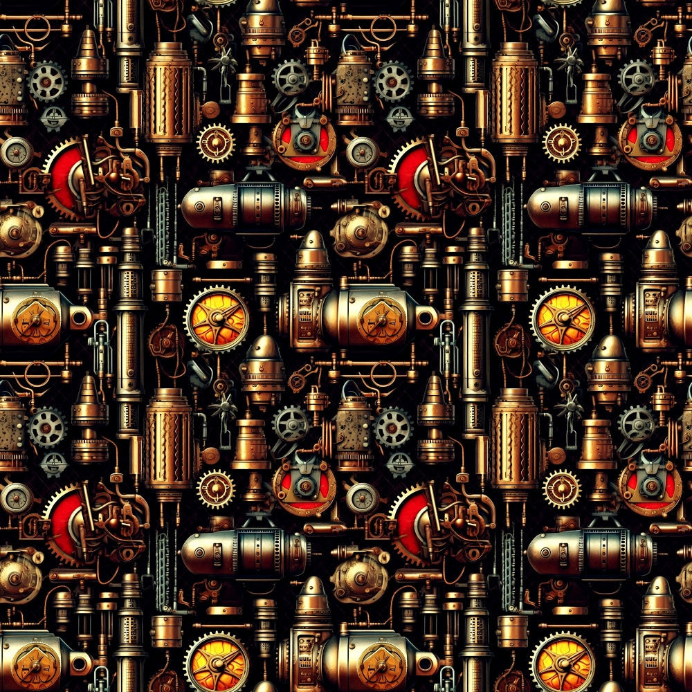 Steampunk machinery pattern featuring gears, cogs, pipes, and vintage dials in a metallic color scheme with red accents.