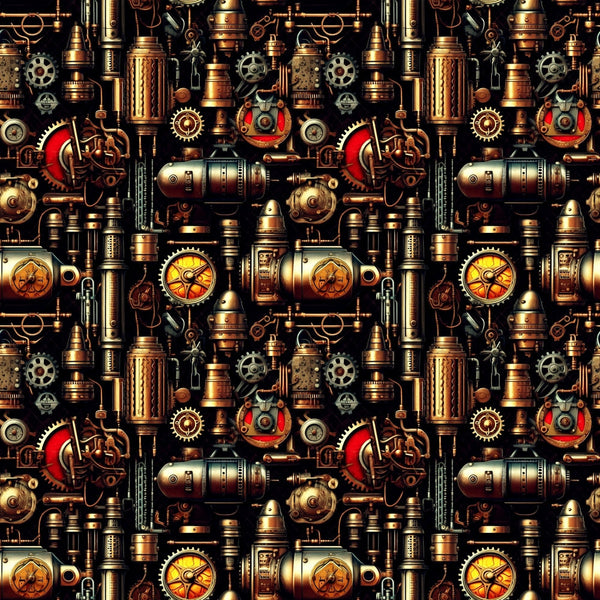 Steampunk machinery pattern featuring gears, cogs, pipes, and vintage dials in a metallic color scheme with red accents.
