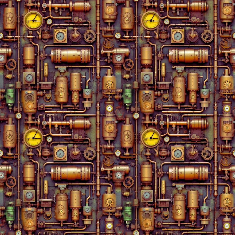 Seamless pattern of intricate steampunk gears, pipes, and gauges in earthy tones, creating an industrial and vintage aesthetic.
