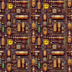 Seamless pattern of intricate steampunk gears, pipes, and gauges in earthy tones, creating an industrial and vintage aesthetic.