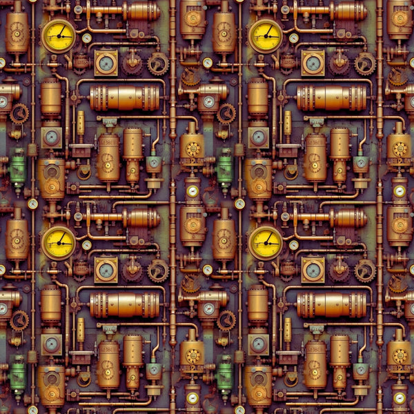 Seamless pattern of intricate steampunk gears, pipes, and gauges in earthy tones, creating an industrial and vintage aesthetic.