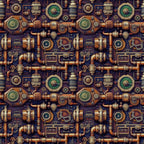 Seamless steampunk pattern with gears, pipes, and gauges in copper and green tones, creating a mechanical, intricate design.