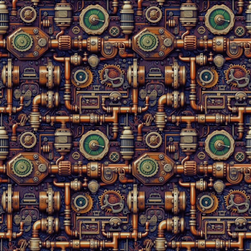 Seamless steampunk pattern with gears, pipes, and gauges in copper and green tones, creating a mechanical, intricate design.