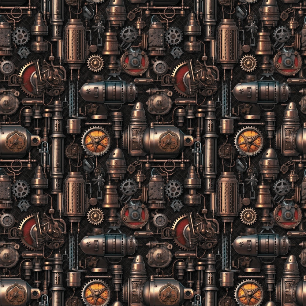 A complex, repeating pattern of steampunk machinery, featuring gears, pipes, bolts, and metallic elements in bronze and copper tones.