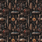 A complex, repeating pattern of steampunk machinery, featuring gears, pipes, bolts, and metallic elements in bronze and copper tones.