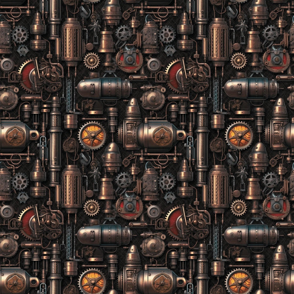 A complex, repeating pattern of steampunk machinery, featuring gears, pipes, bolts, and metallic elements in bronze and copper tones.