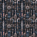 Intricate steampunk-style mechanical pattern featuring gears, pipes, and metallic components in silver, bronze, and blue hues.