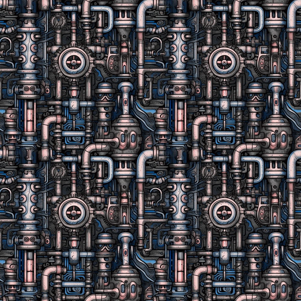 Intricate steampunk-style mechanical pattern featuring gears, pipes, and metallic components in silver, bronze, and blue hues.