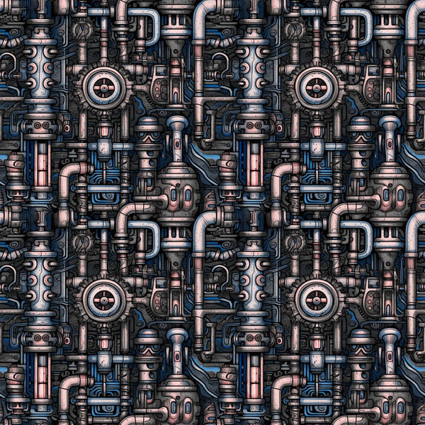 Intricate steampunk-style mechanical pattern featuring gears, pipes, and metallic components in silver, bronze, and blue hues.