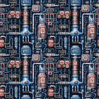 Intricate industrial pattern with blue and silver mechanical components, pipes, and gauges in a repeating design.