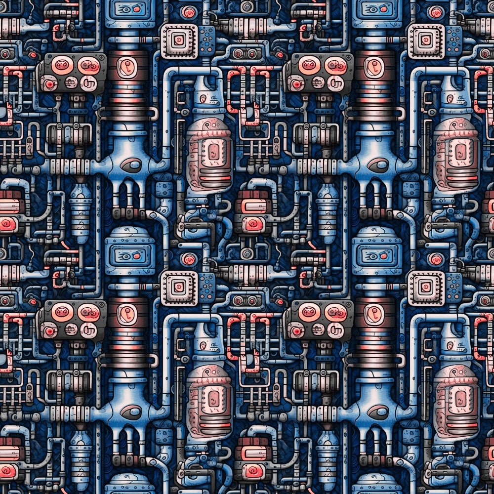 Intricate industrial pattern with blue and silver mechanical components, pipes, and gauges in a repeating design.