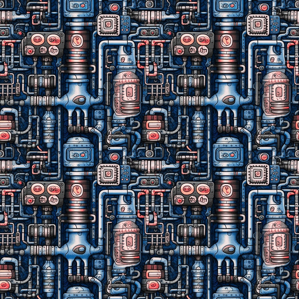 Intricate industrial pattern with blue and silver mechanical components, pipes, and gauges in a repeating design.