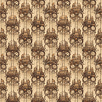Seamless steampunk pattern with intricate gears, ornate timepieces, and vintage machinery illustrations on a beige background.