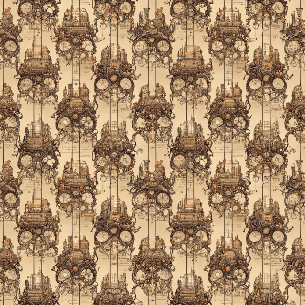 Seamless steampunk pattern with intricate gears, ornate timepieces, and vintage machinery illustrations on a beige background.