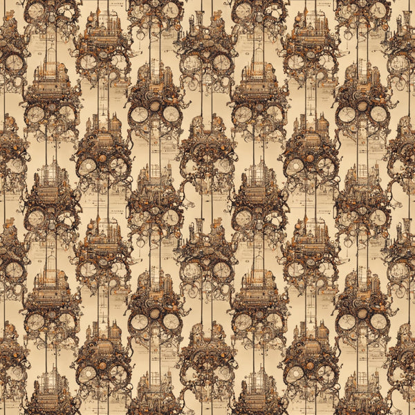 Seamless steampunk pattern with intricate gears, ornate timepieces, and vintage machinery illustrations on a beige background.