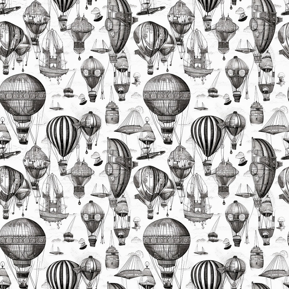 Monochrome illustration of various vintage hot air balloons and airships on a white background.