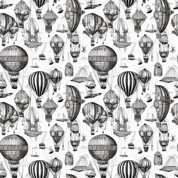 Monochrome illustration of various vintage hot air balloons and airships on a white background.