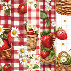 strawberry motifs, red gingham, checkered pattern, wicker baskets, white daisies, green leaves, picnic theme,, fabric panel, summer vibes, country style, fruit design, pastoral scene, red and white, cottage core, rustic charm, floral accents, berry picking, outdoor dining, cheerful pattern