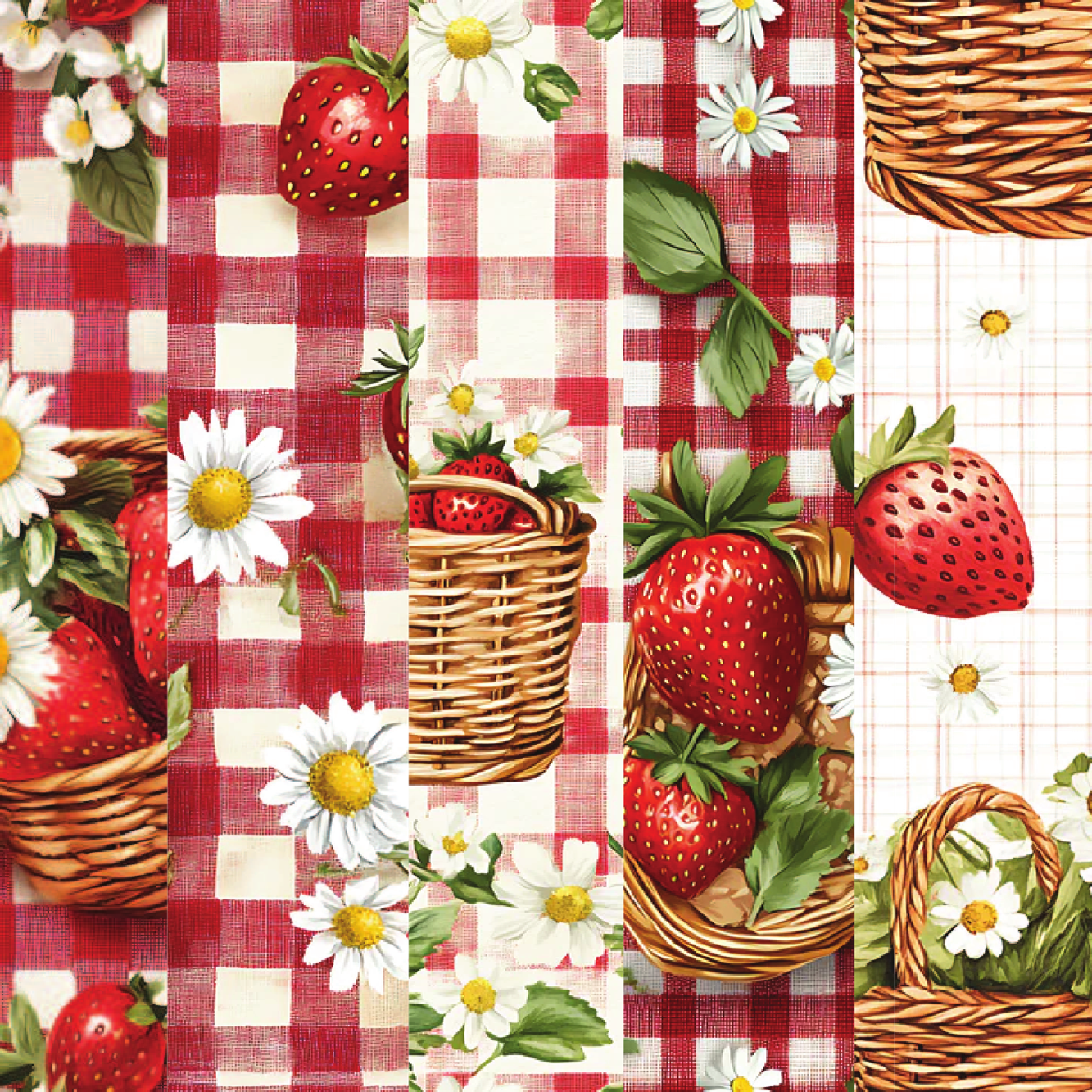 strawberry motifs, red gingham, checkered pattern, wicker baskets, white daisies, green leaves, picnic theme,, fabric panel, summer vibes, country style, fruit design, pastoral scene, red and white, cottage core, rustic charm, floral accents, berry picking, outdoor dining, cheerful pattern