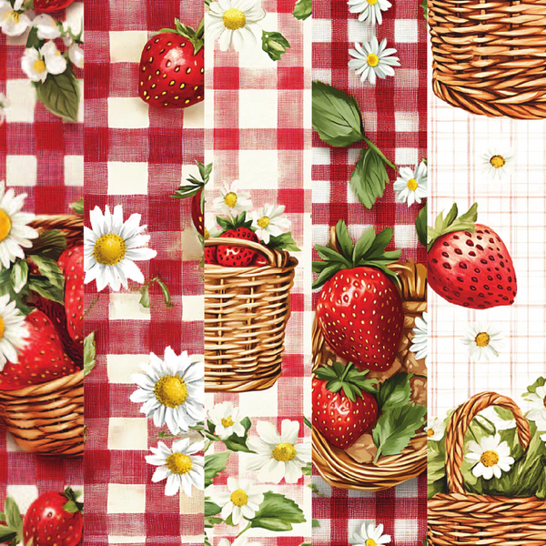 strawberry motifs, red gingham, checkered pattern, wicker baskets, white daisies, green leaves, picnic theme,, fabric panel, summer vibes, country style, fruit design, pastoral scene, red and white, cottage core, rustic charm, floral accents, berry picking, outdoor dining, cheerful pattern