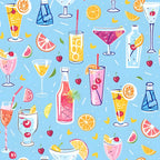 Colorful pattern of various cocktails, glasses, fruits like oranges, lemons, and cherries on a light blue background.